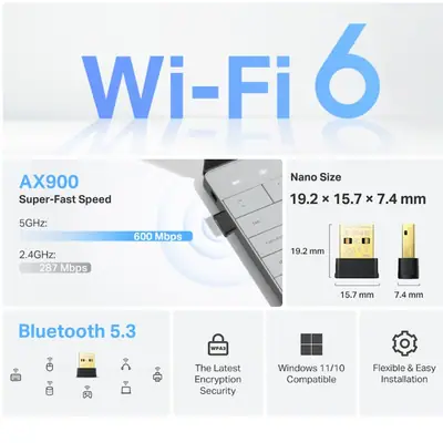 Detalles accesorios de Adaptador Wifi Usb Dual Band Tp-Link Archer Tx10Ub Nano Ax900 Wifi6 + Bt 5.3 Dual Band