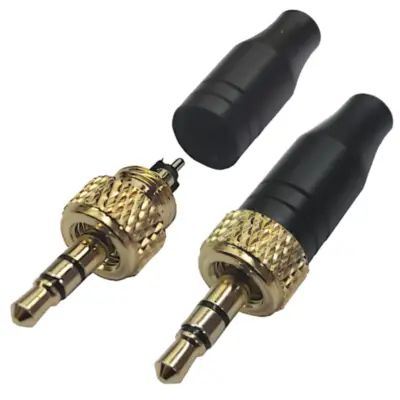 Vista lateral de Conector Ficha Miniplug 3,5 Macho Estereo Dorado A Rosca Macho