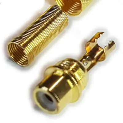 Detalles accesorios de Conector Ficha Rca Hembra Metal Dorada Aro Rojo