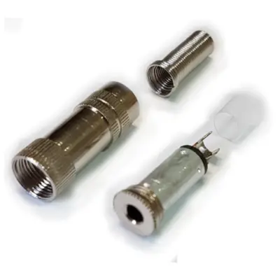 Vista lateral de Conector Ficha Miniplug 3,5 Jack Hembra Estereo Metal Plata