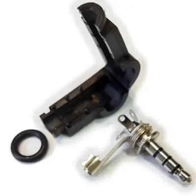 Vista lateral de Conector Ficha Miniplug 3,5 4 Polos Macho Plastico Negro 90 Grados