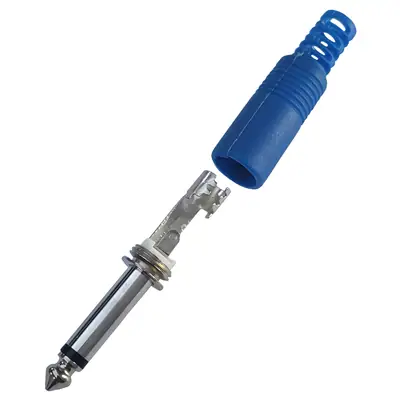Vista lateral de Conector Ficha Mono Plug 6,5 Macho Plastico Azul