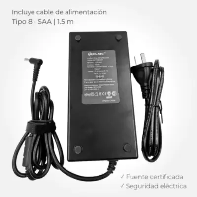 Vista lateral de Fuente 19,5 V 7,7 A Belsic 24268 Cargador P/Notebook Ficha 4,5 X 2,7 Mm C/Pin Interior (H)