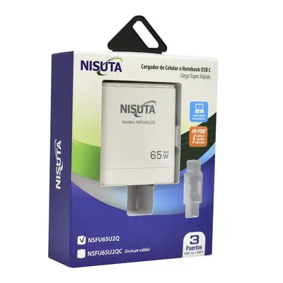 Detalles accesorios de Cargador 65W Usb-C Pd X 2 + Usb-A Qc Carga Rapida Nisuta Con Cable