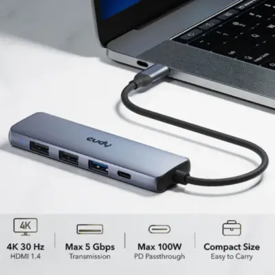 Detalles accesorios de Hub Usb C 3.0 5 Puertos Usb A 3.0 Negro Cudy UH405