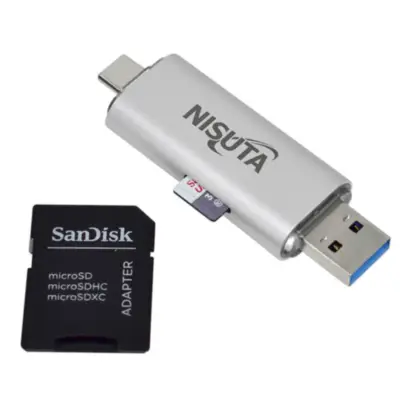 Vista lateral de Lector Usb Para Tarjetas MicroSD Y SD hasta 2TB y 5 GbpS con conector USB-C 3.1 y USB-A 3.0