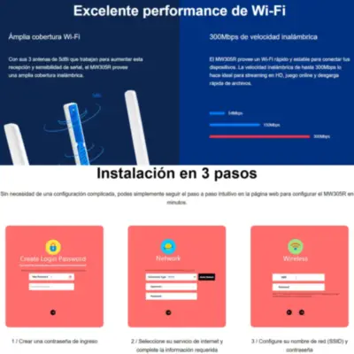 Detalles accesorios de Router Wifi 300Mbps 3Pto 3Ant Fija 5Dbi Mercusys MW305R