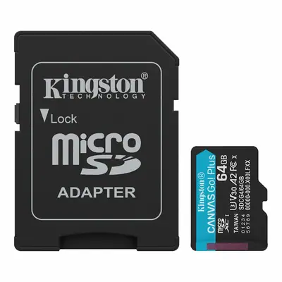 Vista lateral de Memoria Micro Sd 64Gb Kingston Cl10 Canvas Go Plus C/Adaptador 170 Mb/S