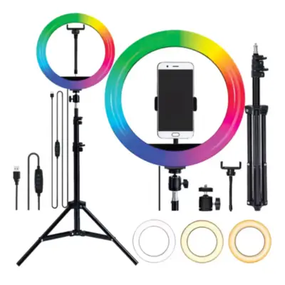 Vista lateral de Aro Led RGB con Tripode 30 cm diametro