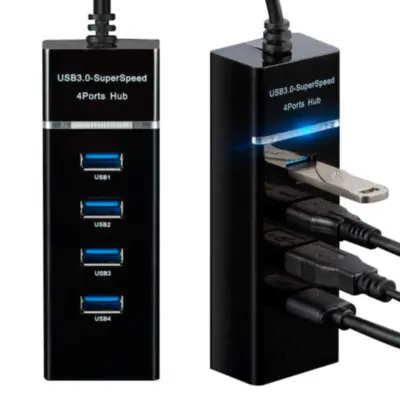 Vista lateral de Hub Usb A 3.0 4 Puertos Negro Cable 25Cm