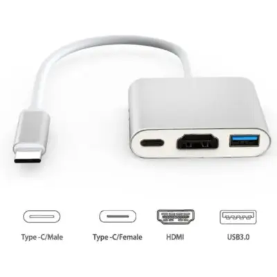 Vista lateral de Adaptador Conversor Usb C Macho / Hdmi + 1xUSB-A + 1xUSB-C PD