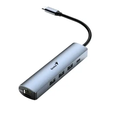 Vista lateral de Adaptador Red Rj45 Usb-C + Hub Puertos 3Xusb-A / 1Xusb-C Entrada Genius Uh-545