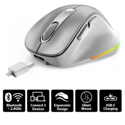 Vista lateral de Mouse Bluetooth Inalambrico Genius 2,4 Ghz + BT Ergo 9000S PRO Plateado