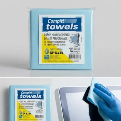 Vista lateral de Panos multiproposito de fibra de bajo desprendimiento Compitt Towels x 10 un