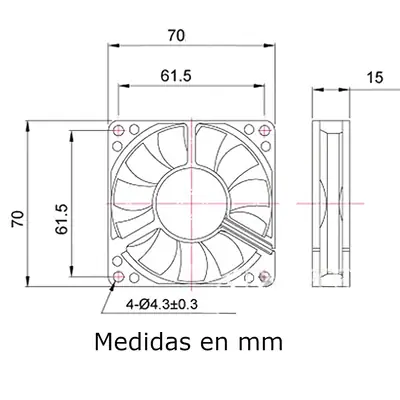 Vista lateral de Fan 70Mm 3Pin 15Mm Espesor 5500Rpm Ruleman Nisuta