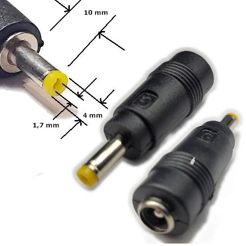 ADAPTADOR DC HUECO 5,5 x 2,1 mm HEMBRA a 4 x 1,7 mm MACHO ADAPTADOR DC HUECO 5,5 x 2,1 mm HEMBRA a 4 x 1,7 mm MACHO