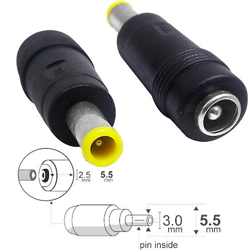 ADAPTADOR DC HUECO 5,5 x 2,5 mm HEMBRA a 5,5 x 3,0 mm c/PIN INTERIOR MACHO ADAPTADOR DC HUECO 5,5 x 2,5 mm HEMBRA a 5,5 x 3,0 mm c/PIN INTERIOR MACHO