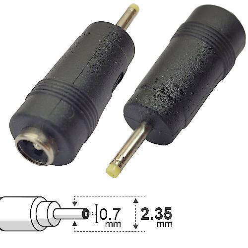 ADAPTADOR DC HUECO 5,5 x 2,1 mm HEMBRA a 2,35 x 0,7 mm MACHO ADAPTADOR DC HUECO 5,5 x 2,1 mm HEMBRA a 2,35 x 0,7 mm MACHO