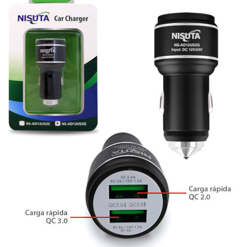 CARGADOR PARA AUTO 12/24V CARGA RAPIDA QC 3.0 3,1A 2 SALIDAS CARGADOR PARA AUTO 12/24V CARGA RAPIDA QC 3.0 3,1A 2 SALIDAS