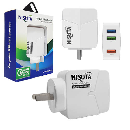 CARGADOR CELULAR CARGA RAPIDA USB-Ax3 3PUERTOS NISUTA NSFU534UQ