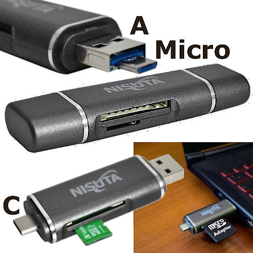 LECTOR USB Tipo A + C + MICRO P/ TARJETAS SD MICRO-SD TF HASTA 512 GB