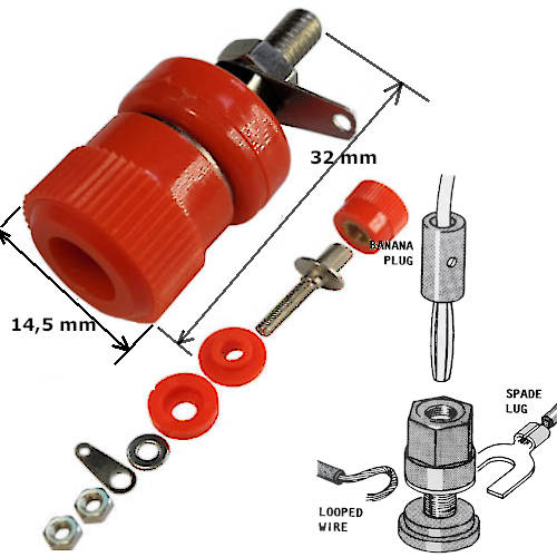 FICHA BANANA HEMBRA JACK TIPO BINDING POST A CHASIS ROJO