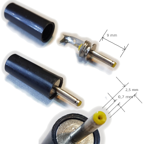 FICHA DC HUECO 2,5 x 0,7 x 9 mm PLUG MACHO FICHA DC HUECO 2,5 x 0,7 x 9 mm PLUG MACHO