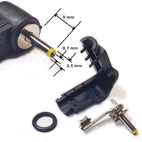 FICHA DC HUECO 2,5 x 0,7 x 9 mm PLUG MACHO 90 GRADOS FICHA DC HUECO 2,5 x 0,7 x 9 mm PLUG MACHO 90 GRADOS