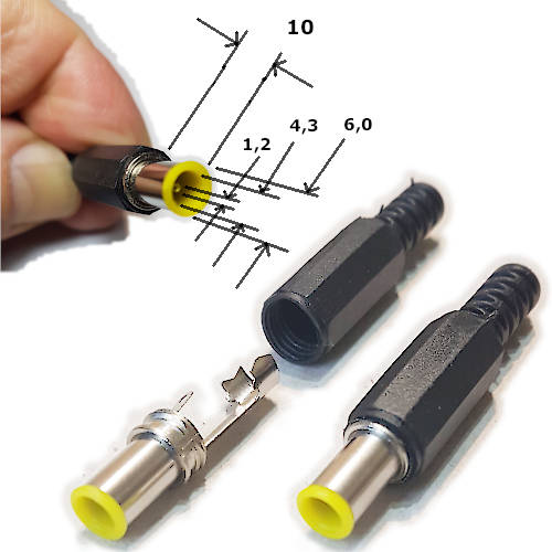 FICHA DC HUECO 6 x 4,3 x 10 mm C/ PIN CENTRAL DE 1,2 mm PLUG MACHO FICHA DC HUECO 6 x 4,3 x 10 mm C/ PIN CENTRAL DE 1,2 mm PLUG MACHO