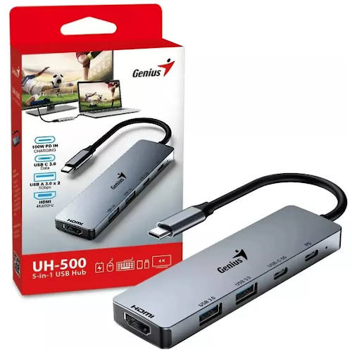 HUB USB C 3.0 5 PUERTOS 1xHDMI / 2xUSB-A / 1xUSB-C / 1xUSB-C (PD 100 W) GENIUS UH-500 (Idem codigo 1412007)